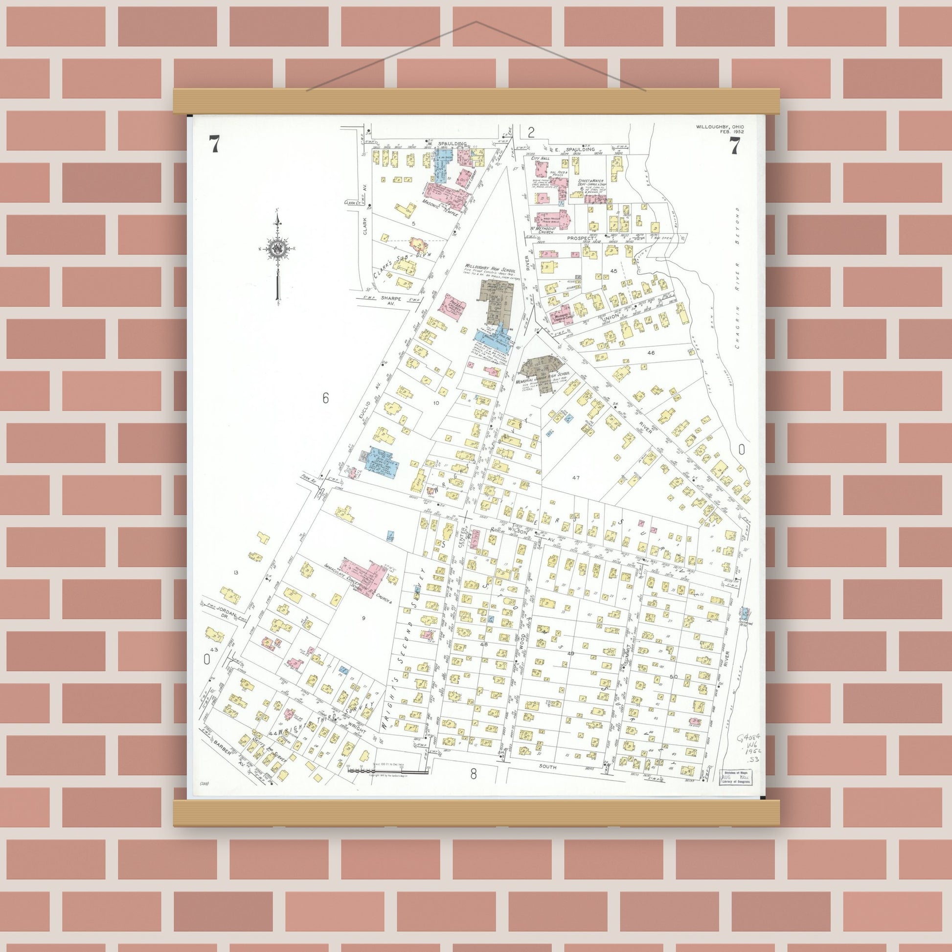 Old map wall art mockup — magnetic wood frame on brick wall — Sanborn Fire Insurance Map from Willoughby, Lake County, Ohio (1952), Sheet #0007
