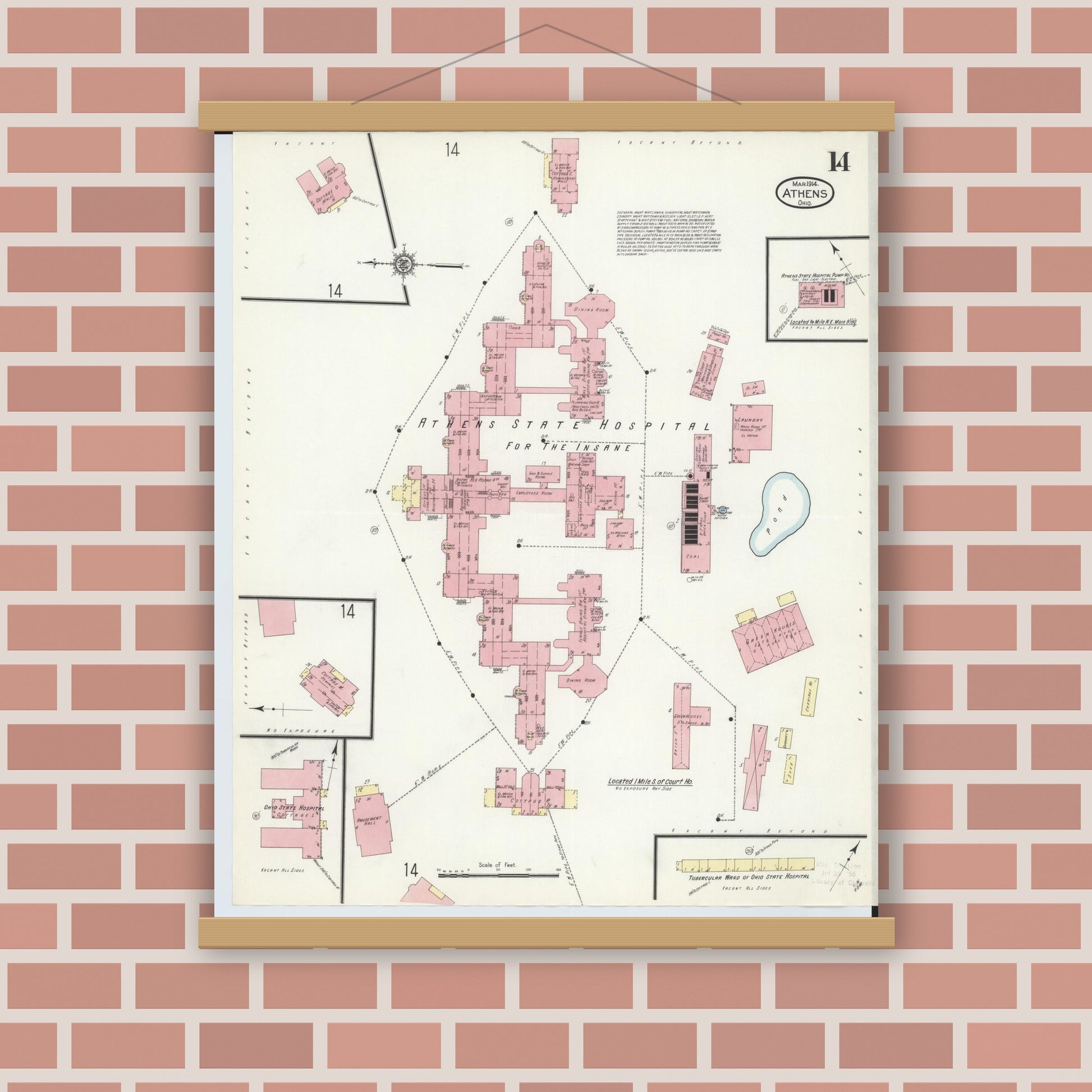 Old map wall art mockup — magnetic wood frame on brick wall — Sanborn Fire Insurance Map from Athens, Athens County, Ohio (1914), Sheet #0014