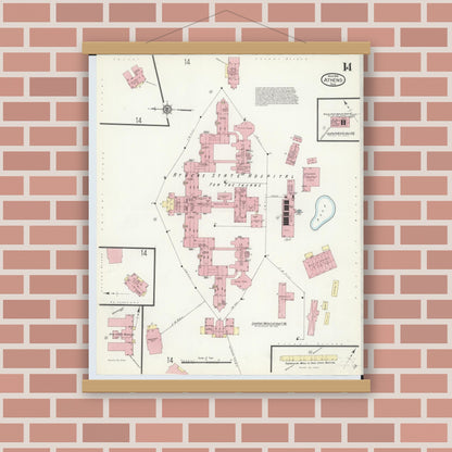 Old map wall art mockup — magnetic wood frame on brick wall — Sanborn Fire Insurance Map from Athens, Athens County, Ohio (1914), Sheet #0014