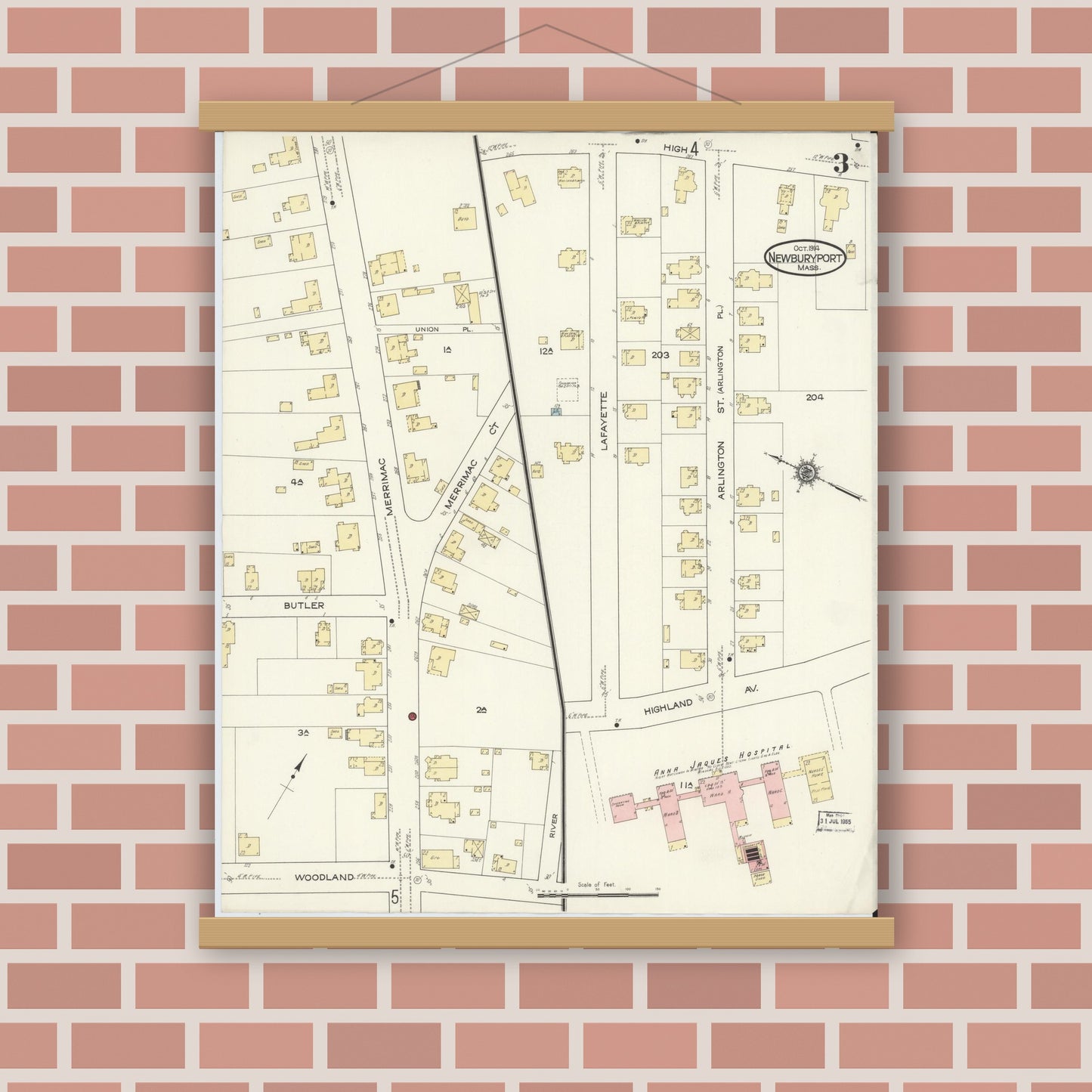 Old map wall art mockup — magnetic wood frame on brick wall — Sanborn Fire Insurance Map from Newburyport, Essex County, Massachusetts (1914), Sheet #0003