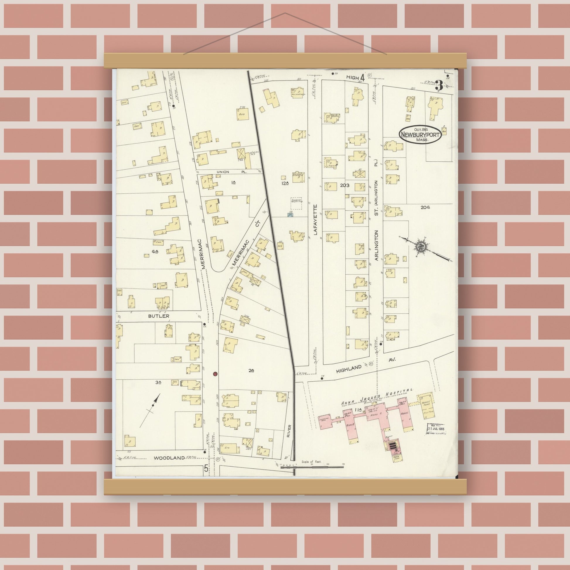 Old map wall art mockup — magnetic wood frame on brick wall — Sanborn Fire Insurance Map from Newburyport, Essex County, Massachusetts (1914), Sheet #0003