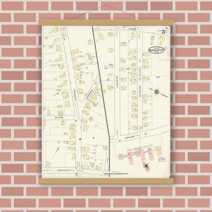 Old map wall art mockup — magnetic wood frame on brick wall — Sanborn Fire Insurance Map from Newburyport, Essex County, Massachusetts (1914), Sheet #0003