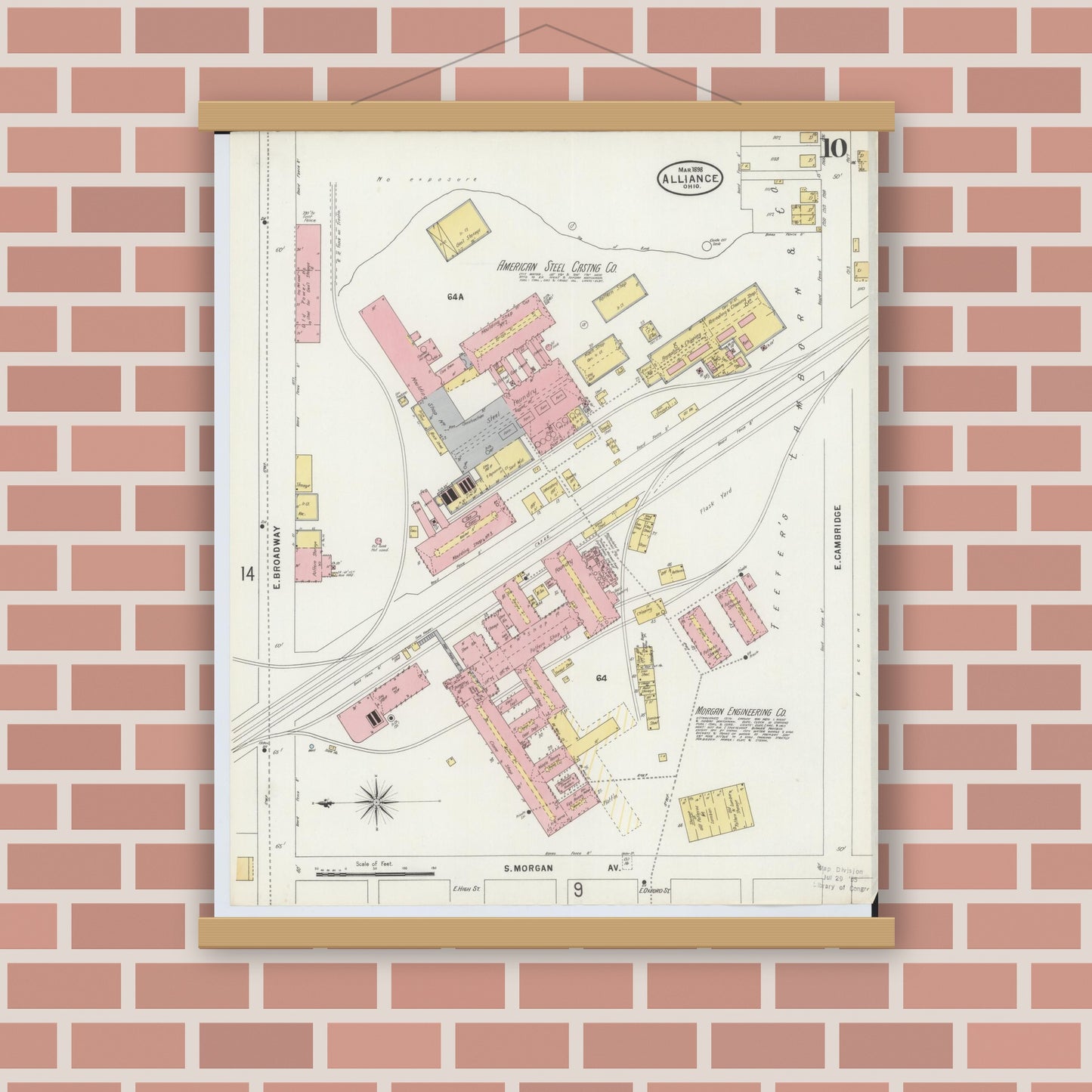Old map wall art mockup — magnetic wood frame on brick wall — Sanborn Fire Insurance Map from Alliance, Stark County, Ohio (1898), Sheet #0010