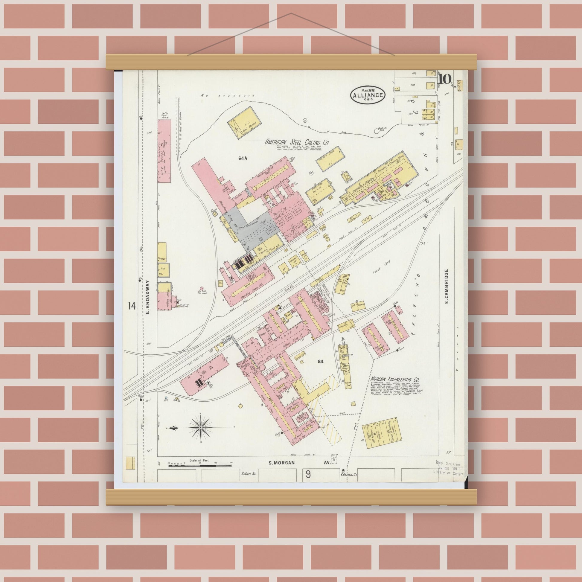 Old map wall art mockup — magnetic wood frame on brick wall — Sanborn Fire Insurance Map from Alliance, Stark County, Ohio (1898), Sheet #0010
