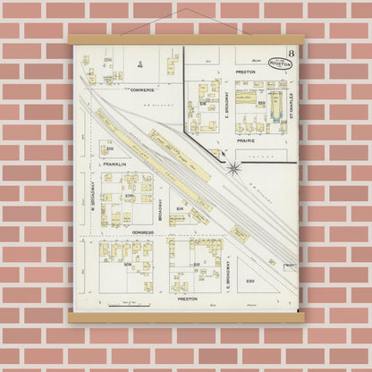 Old map wall art mockup — magnetic wood frame on brick wall — Sanborn Fire Insurance Map from Houston, Harris County, Texas (1890), Sheet #0008