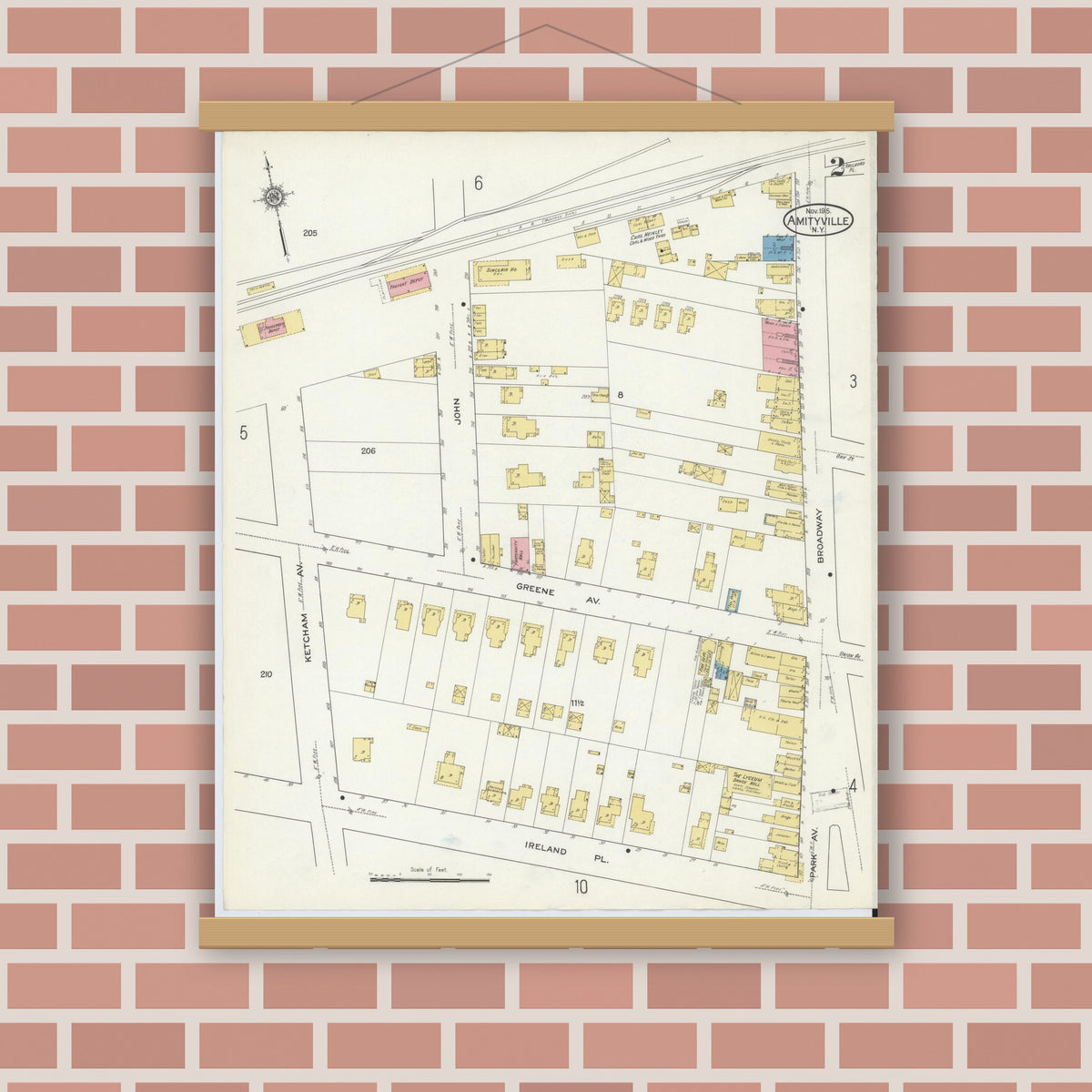 Old map wall art mockup — magnetic wood frame on brick wall — Sanborn Fire Insurance Map from Amityville, Suffolk County, New York (1915) - Complete Map Set