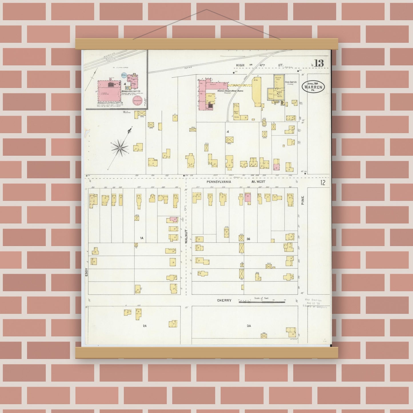 Old map wall art mockup — magnetic wood frame on brick wall — Sanborn Fire Insurance Map from Warren, Warren County, Pennsylvania (1904), Sheet #0013