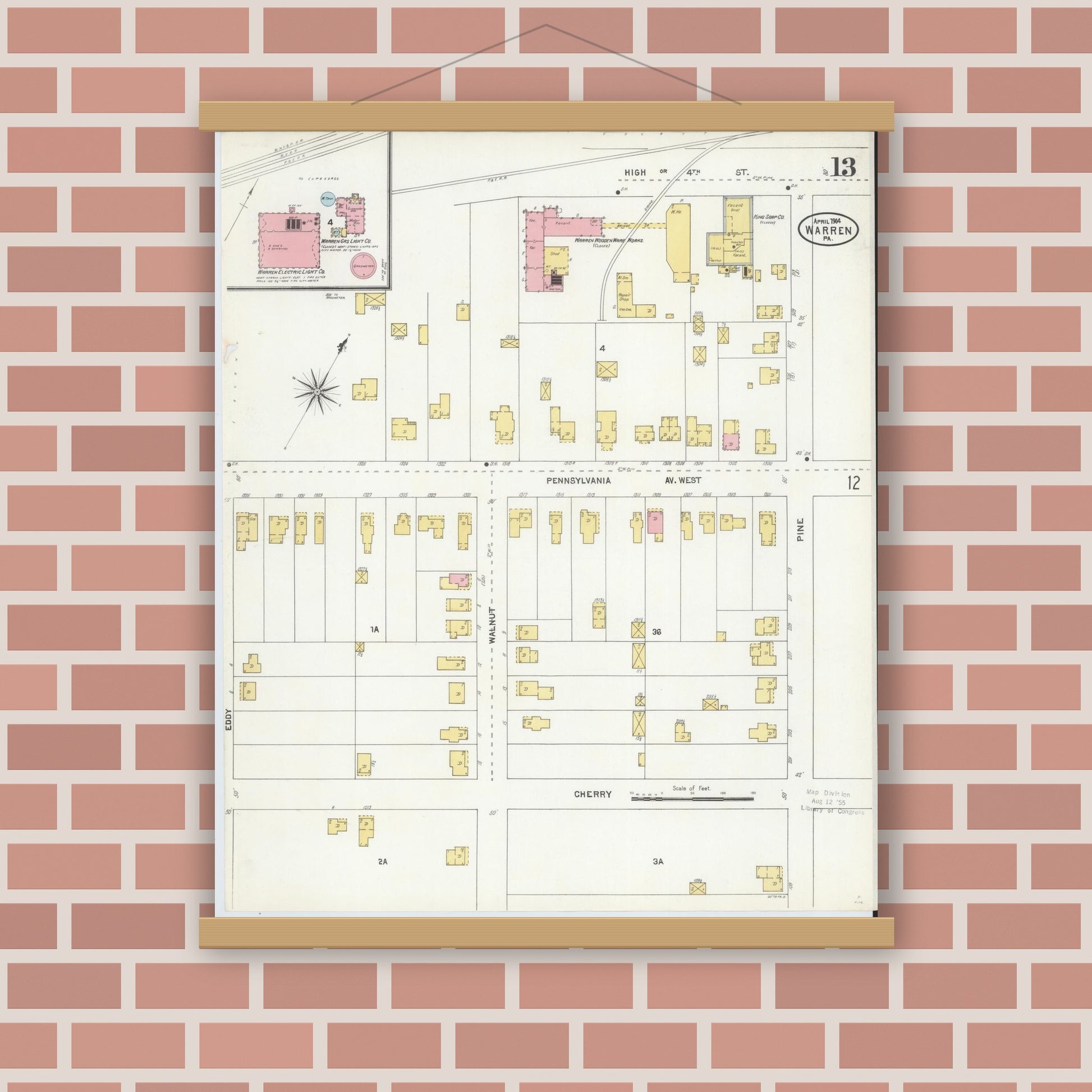 Old map wall art mockup — magnetic wood frame on brick wall — Sanborn Fire Insurance Map from Warren, Warren County, Pennsylvania (1904), Sheet #0013