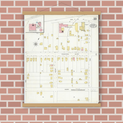 Old map wall art mockup — magnetic wood frame on brick wall — Sanborn Fire Insurance Map from Warren, Warren County, Pennsylvania (1904), Sheet #0013