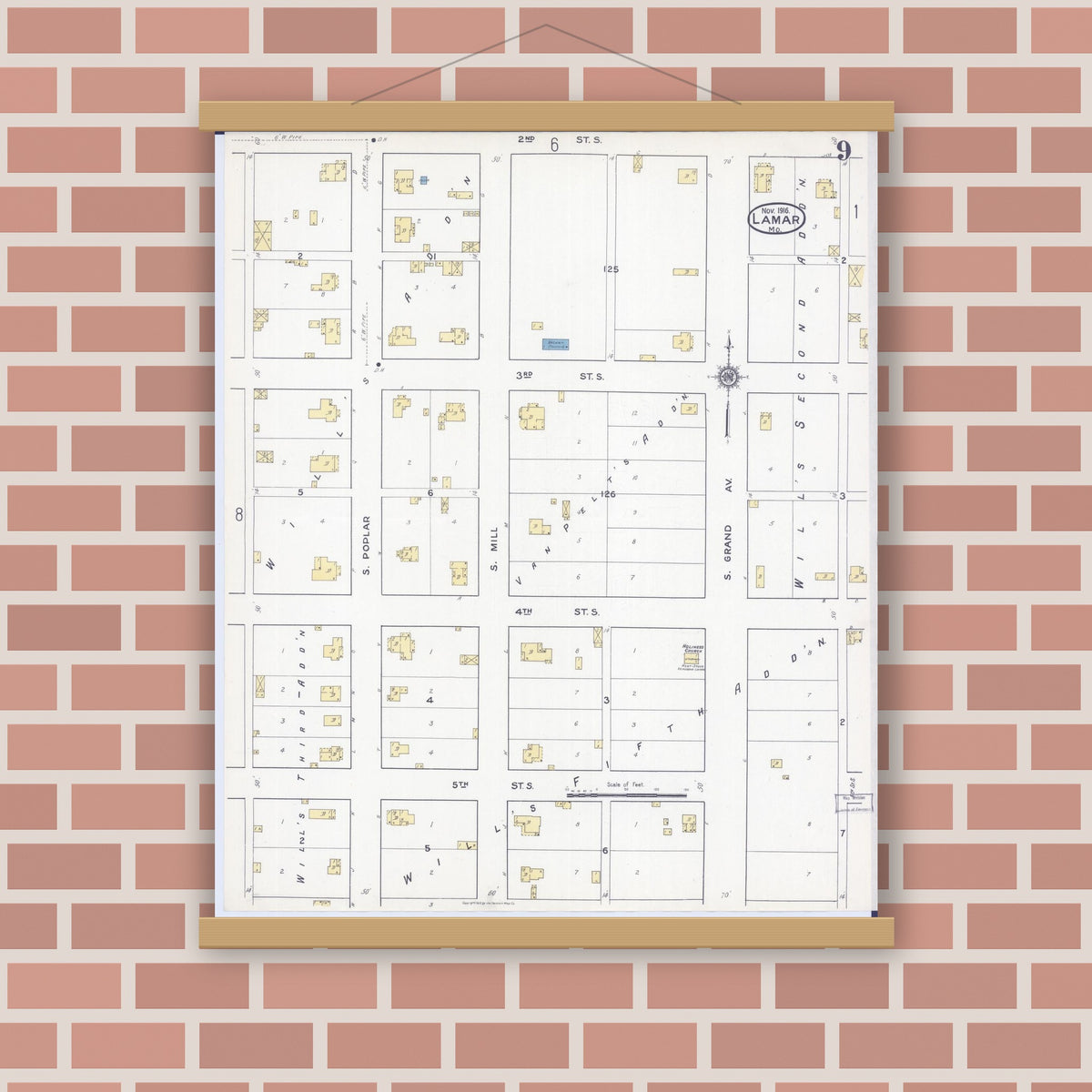 Old map wall art mockup — magnetic wood frame on brick wall — Sanborn Fire Insurance Map from Lamar, Barton County, Missouri (1916), Sheet #0009
