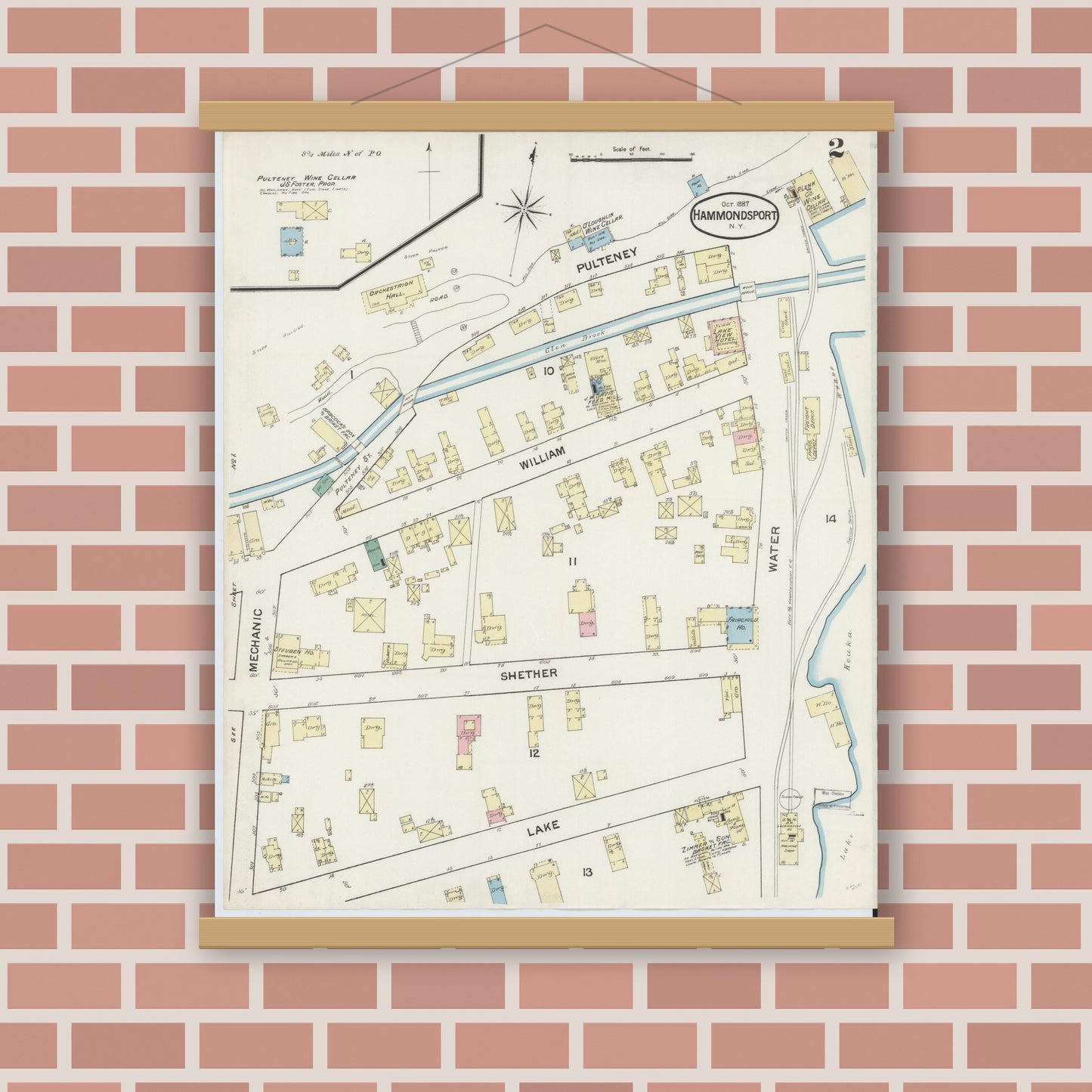 Old map wall art mockup — magnetic wood frame on brick wall — Sanborn Fire Insurance Map from Hammondsport, Steuben County, New York (1887), Sheet #0002