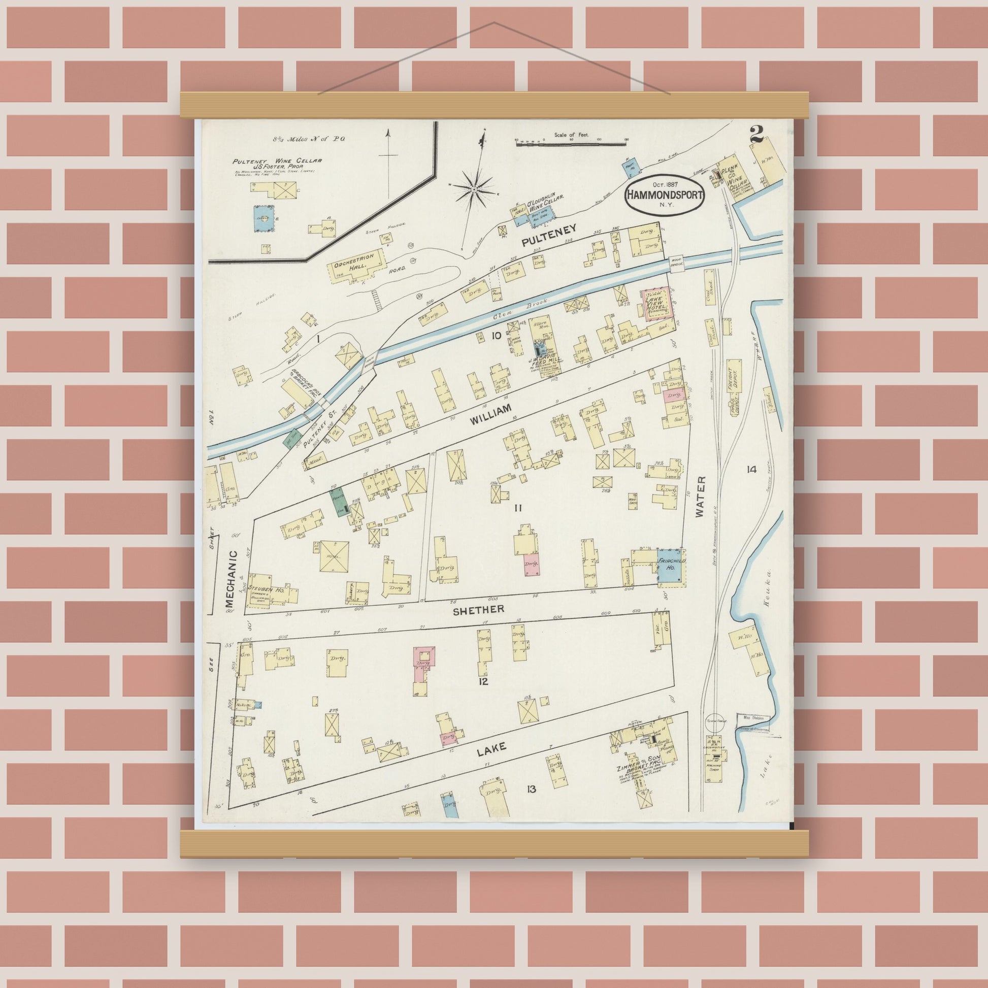 Old map wall art mockup — magnetic wood frame on brick wall — Sanborn Fire Insurance Map from Hammondsport, Steuben County, New York (1887), Sheet #0002