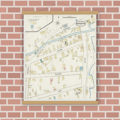 Old map wall art mockup — magnetic wood frame on brick wall — Sanborn Fire Insurance Map from Hammondsport, Steuben County, New York (1887), Sheet #0002