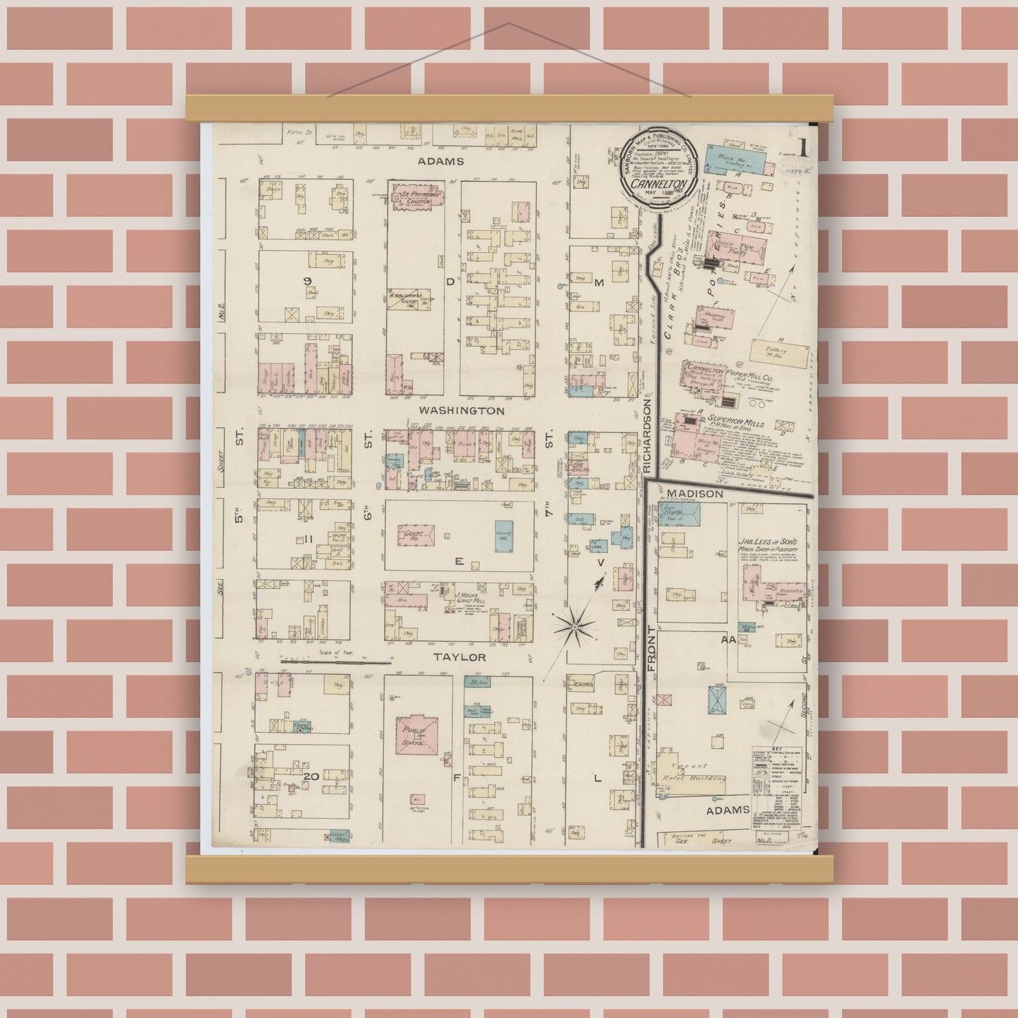 Old map wall art mockup — magnetic wood frame on brick wall — Sanborn Fire Insurance Map from Cannelton, Perry County, Indiana (1886), Sheet #0001
