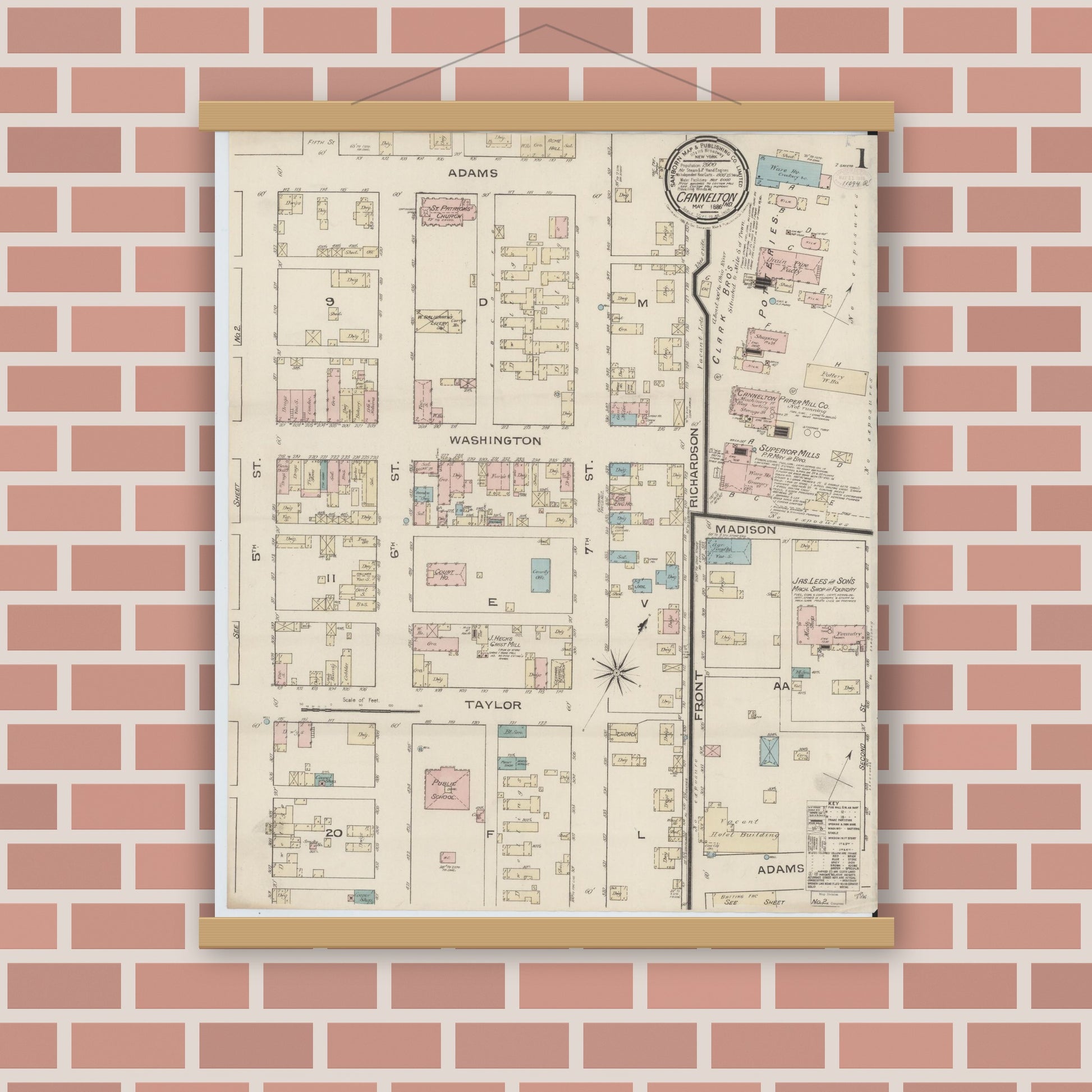Old map wall art mockup — magnetic wood frame on brick wall — Sanborn Fire Insurance Map from Cannelton, Perry County, Indiana (1886), Sheet #0001