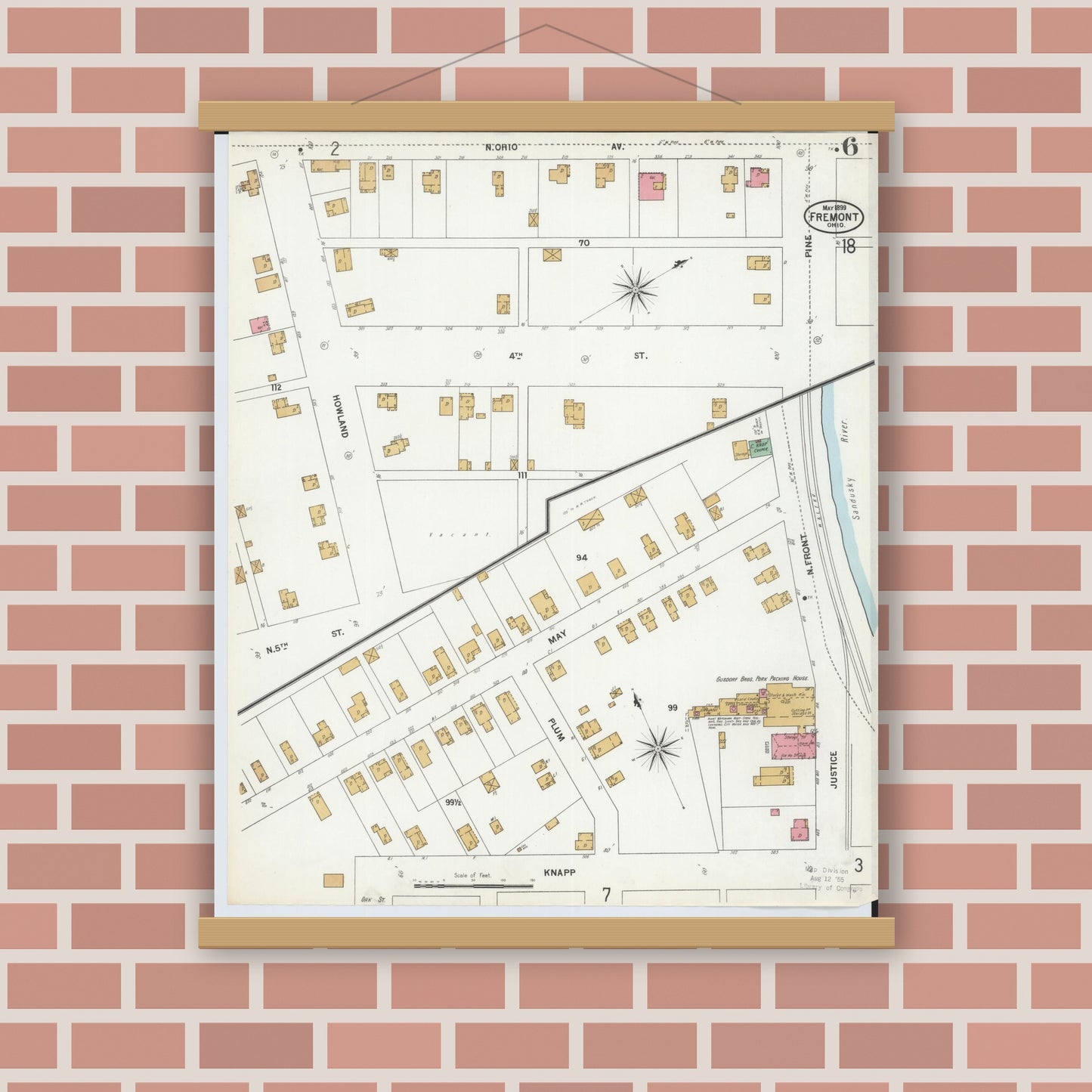 Old map wall art mockup — magnetic wood frame on brick wall — Sanborn Fire Insurance Map from Fremont, Sandusky County, Ohio (1899), Sheet #0006