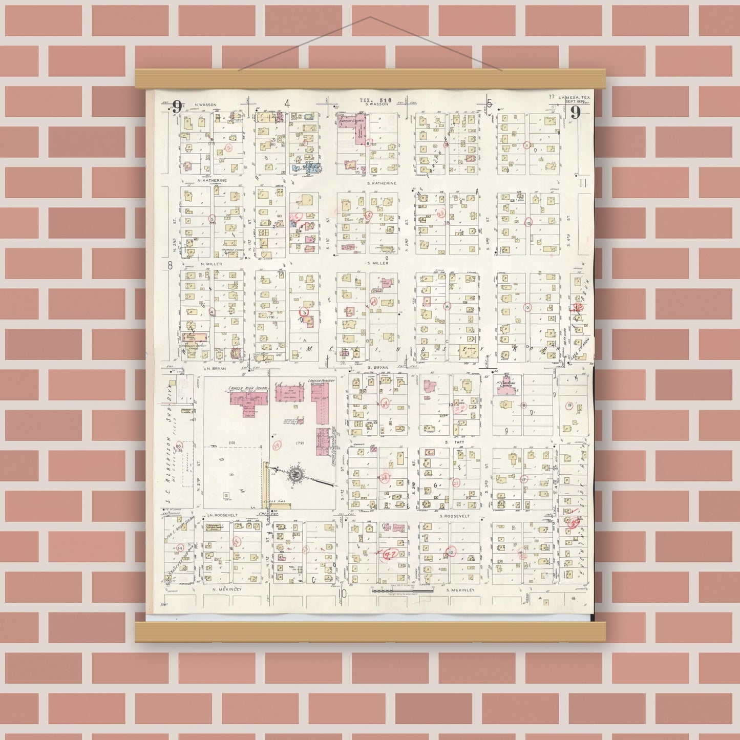 Old map wall art mockup — magnetic wood frame on brick wall — Sanborn Fire Insurance Map from Lamesa, Dawson County, Texas (1948), Sheet #0009
