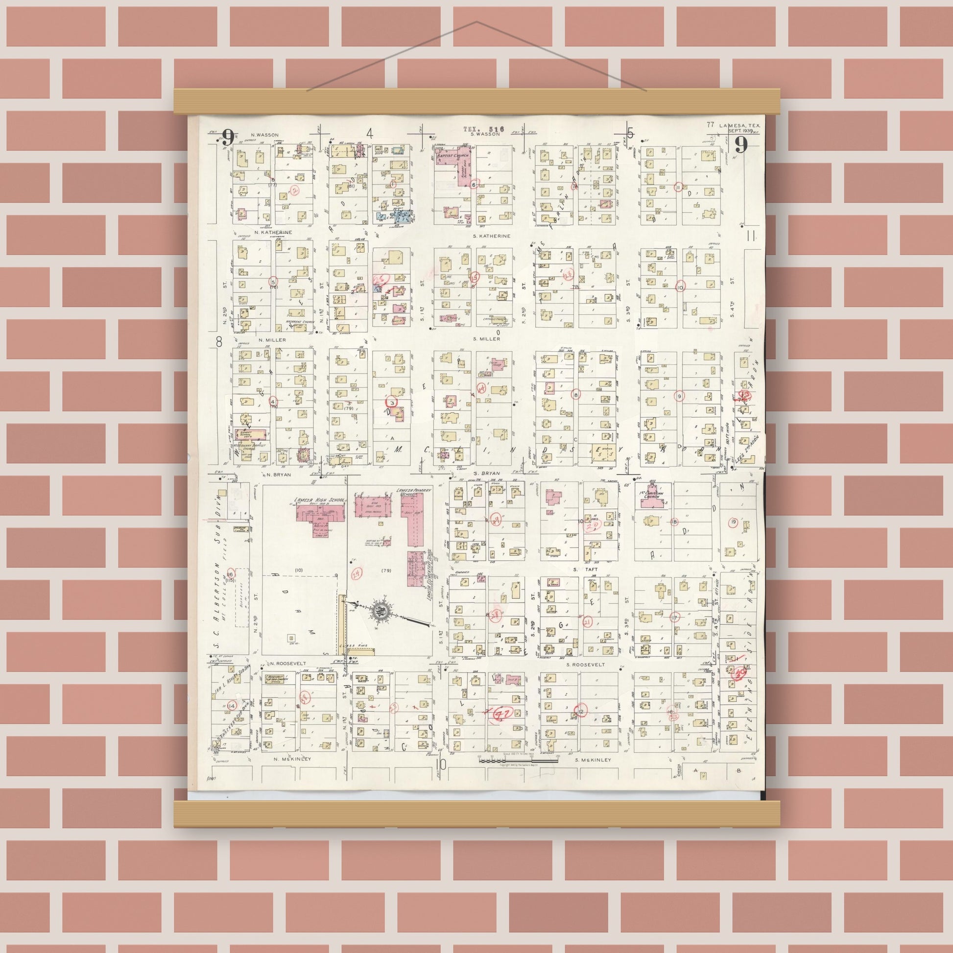 Old map wall art mockup — magnetic wood frame on brick wall — Sanborn Fire Insurance Map from Lamesa, Dawson County, Texas (1948), Sheet #0009