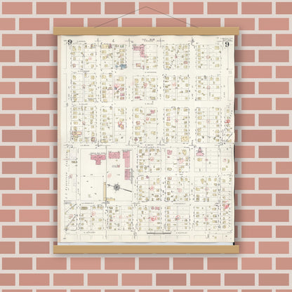 Old map wall art mockup — magnetic wood frame on brick wall — Sanborn Fire Insurance Map from Lamesa, Dawson County, Texas (1948), Sheet #0009