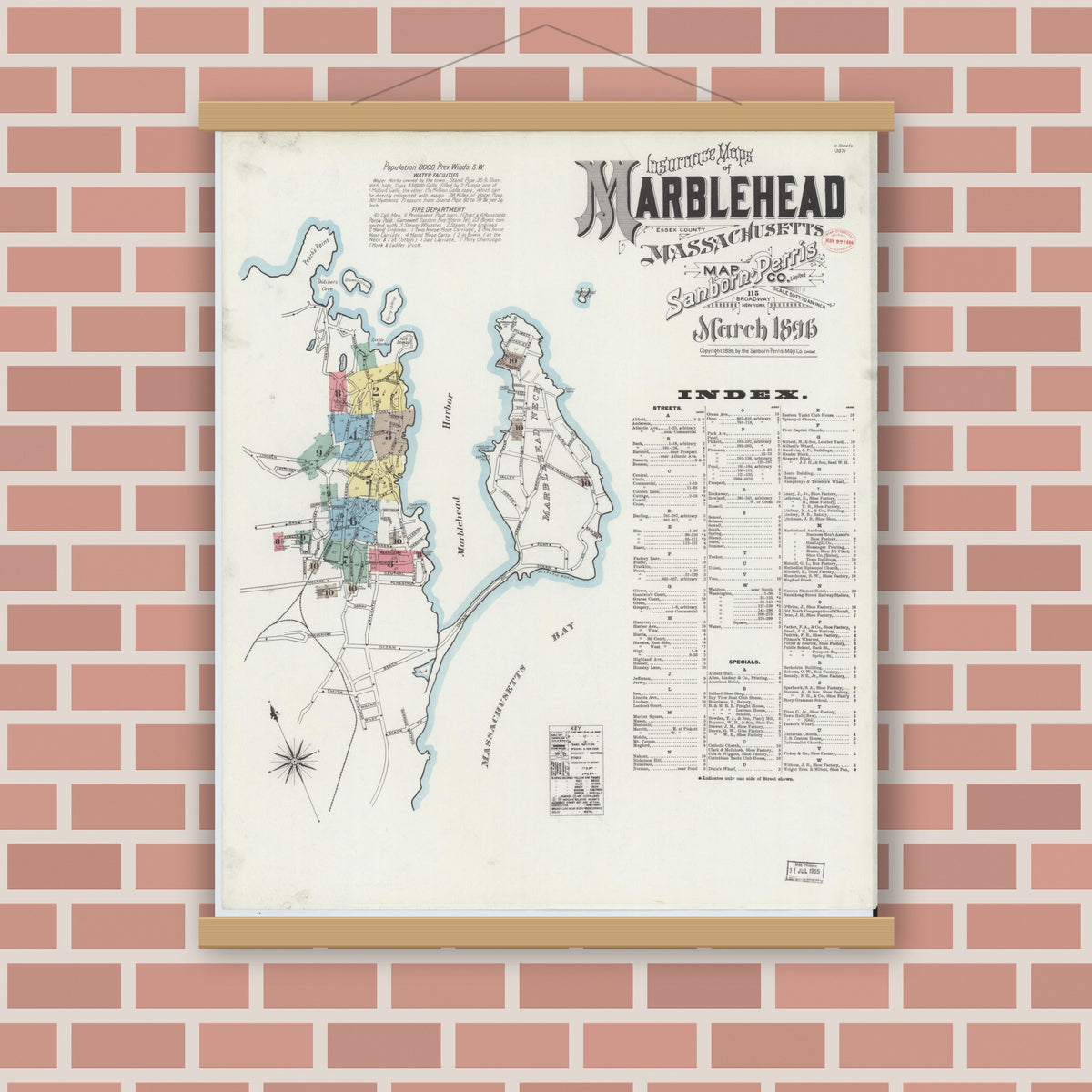 Old map wall art mockup — magnetic wood frame on brick wall — Sanborn Fire Insurance Map from Marblehead, Essex County, Massachusetts (1896) - Complete Map Set