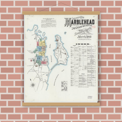 Old map wall art mockup — magnetic wood frame on brick wall — Sanborn Fire Insurance Map from Marblehead, Essex County, Massachusetts (1896) - Complete Map Set