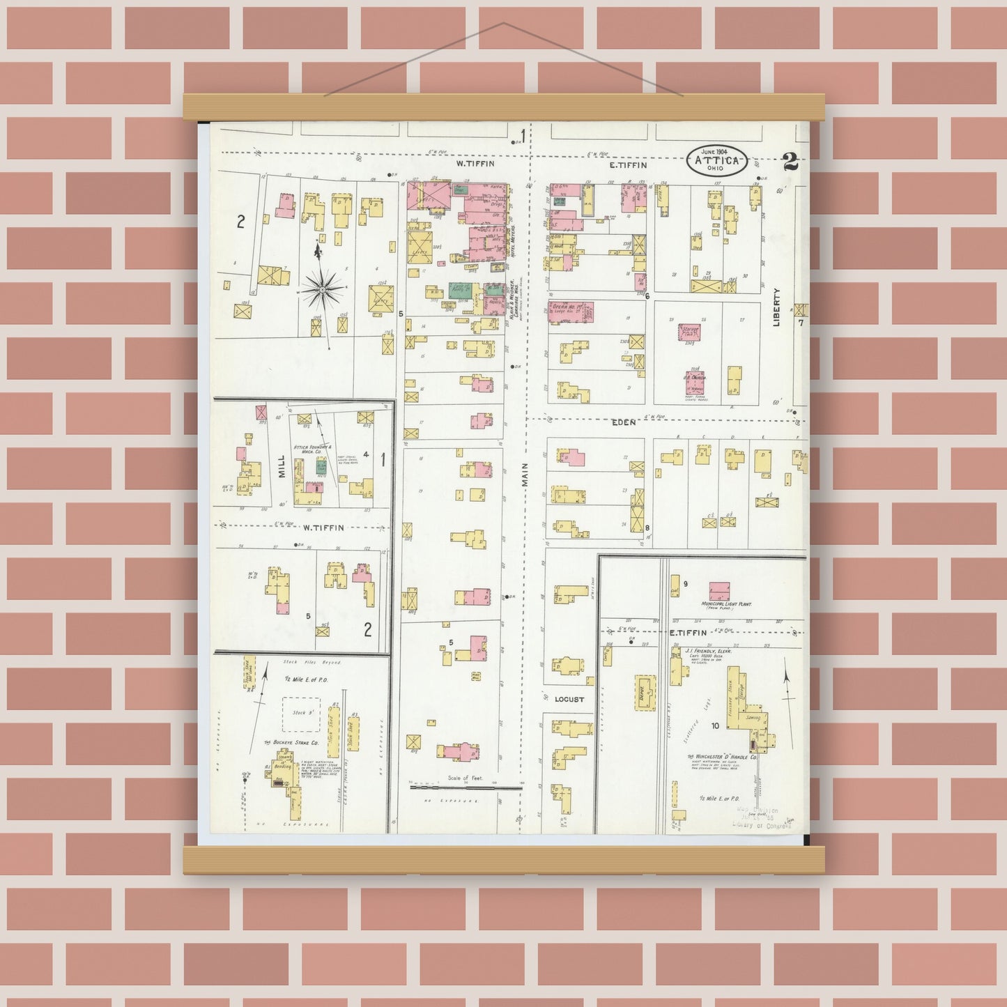 Old map wall art mockup — magnetic wood frame on brick wall — Sanborn Fire Insurance Map from Attica, Seneca County, Ohio (1904), Sheet #0002
