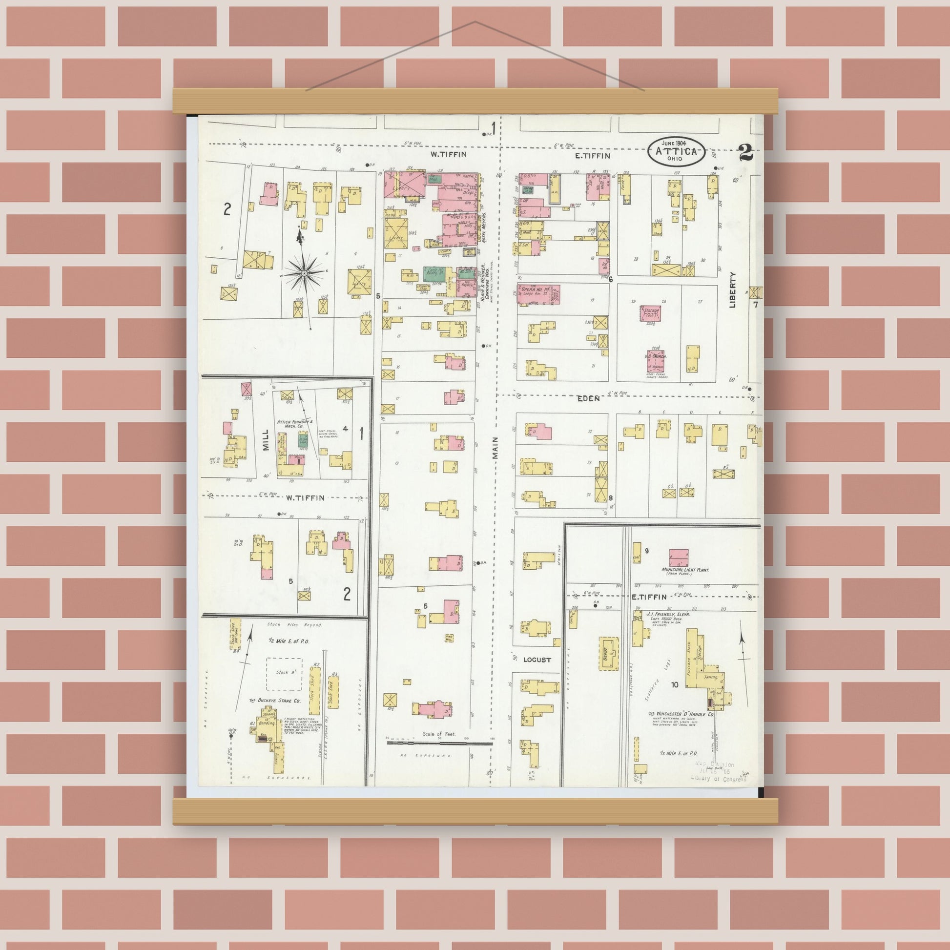 Old map wall art mockup — magnetic wood frame on brick wall — Sanborn Fire Insurance Map from Attica, Seneca County, Ohio (1904), Sheet #0002