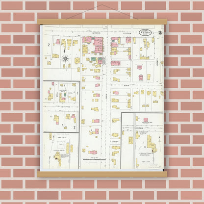 Old map wall art mockup — magnetic wood frame on brick wall — Sanborn Fire Insurance Map from Attica, Seneca County, Ohio (1904), Sheet #0002