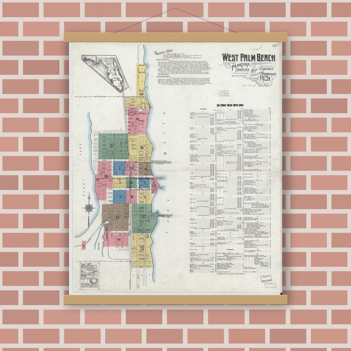 Old map wall art mockup — magnetic wood frame on brick wall — Sanborn Fire Insurance Map from West Palm Beach, Dade County, Florida (1920) - Complete Map Set