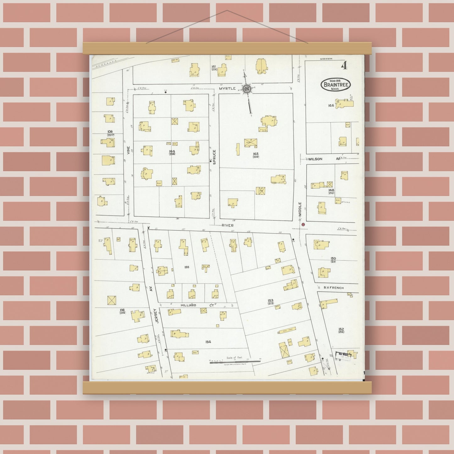 Old map wall art mockup — magnetic wood frame on brick wall — Sanborn Fire Insurance Map from Braintree, Norfolk County, Massachusetts (1919), Sheet #0004