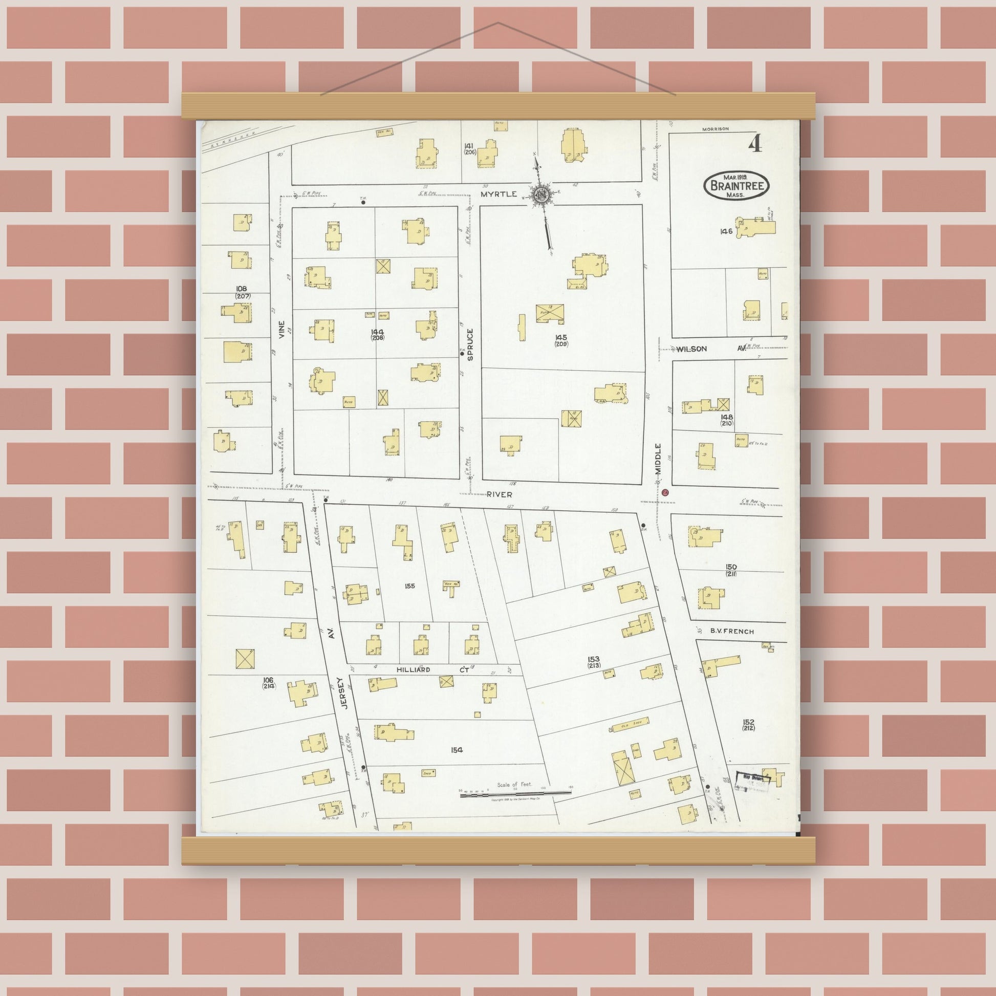 Old map wall art mockup — magnetic wood frame on brick wall — Sanborn Fire Insurance Map from Braintree, Norfolk County, Massachusetts (1919), Sheet #0004