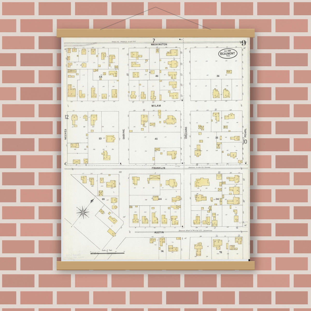 Old map wall art mockup — magnetic wood frame on brick wall — Sanborn Fire Insurance Map from Beaumont, Jefferson County, Texas (1899), Sheet #0009
