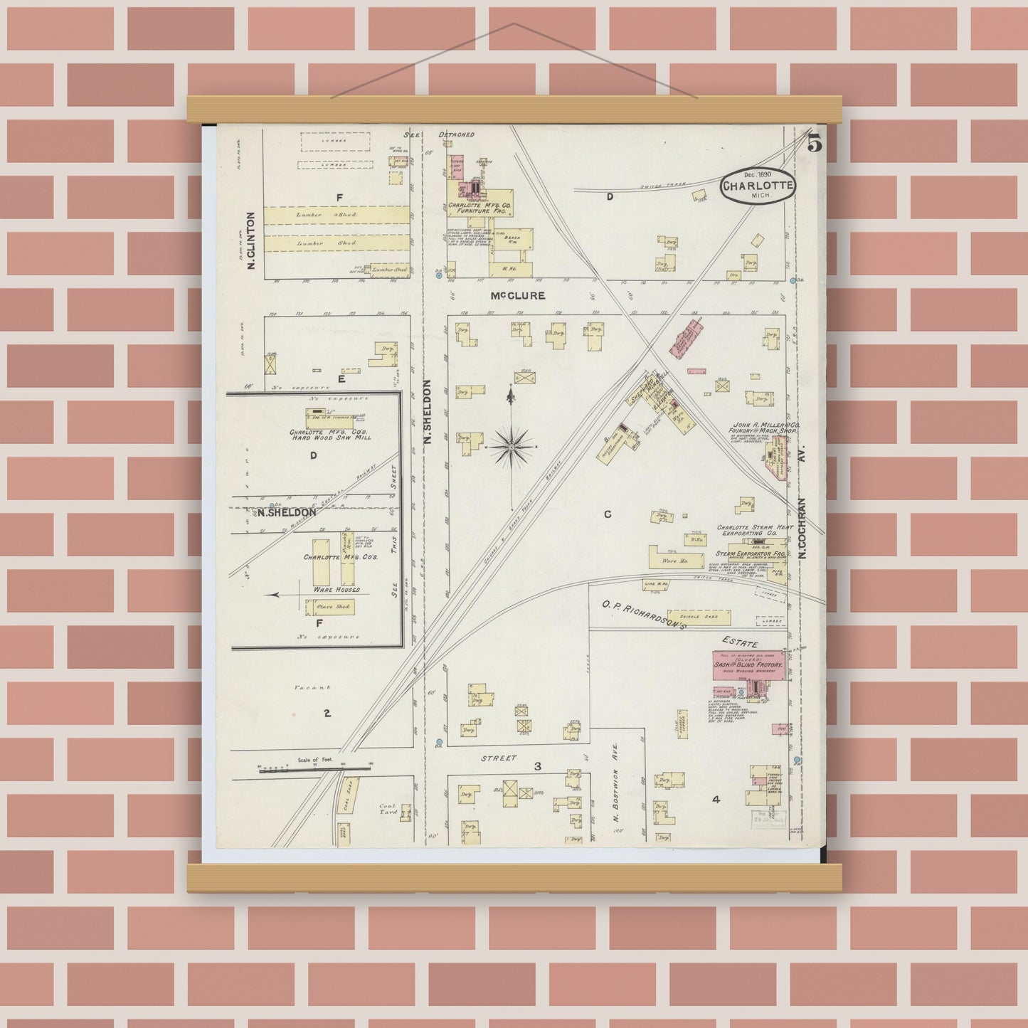 Old map wall art mockup — magnetic wood frame on brick wall — Sanborn Fire Insurance Map from Charlotte, Eaton County, Michigan (1890), Sheet #0005