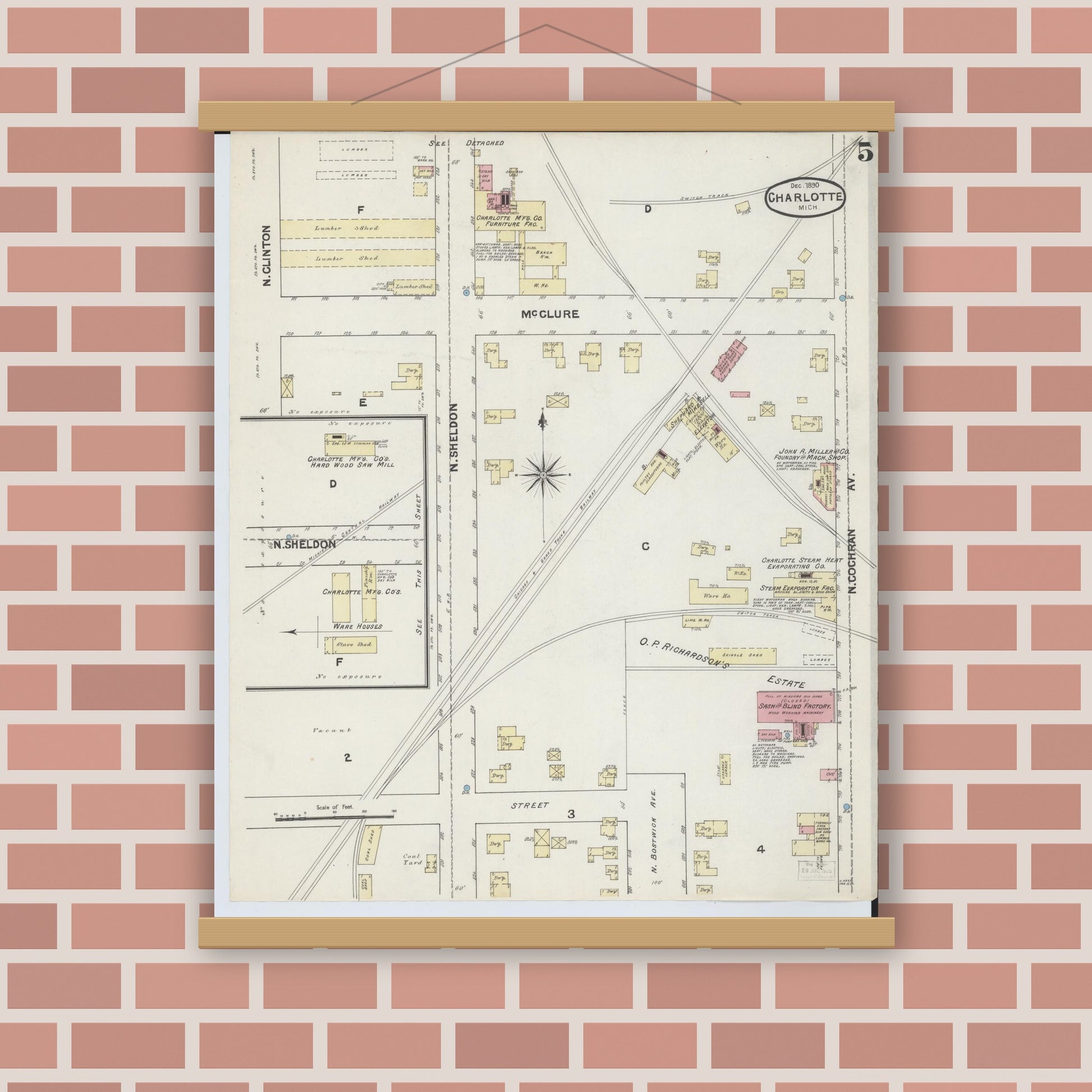 Old map wall art mockup — magnetic wood frame on brick wall — Sanborn Fire Insurance Map from Charlotte, Eaton County, Michigan (1890), Sheet #0005