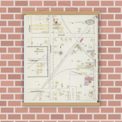 Old map wall art mockup — magnetic wood frame on brick wall — Sanborn Fire Insurance Map from Charlotte, Eaton County, Michigan (1890), Sheet #0005