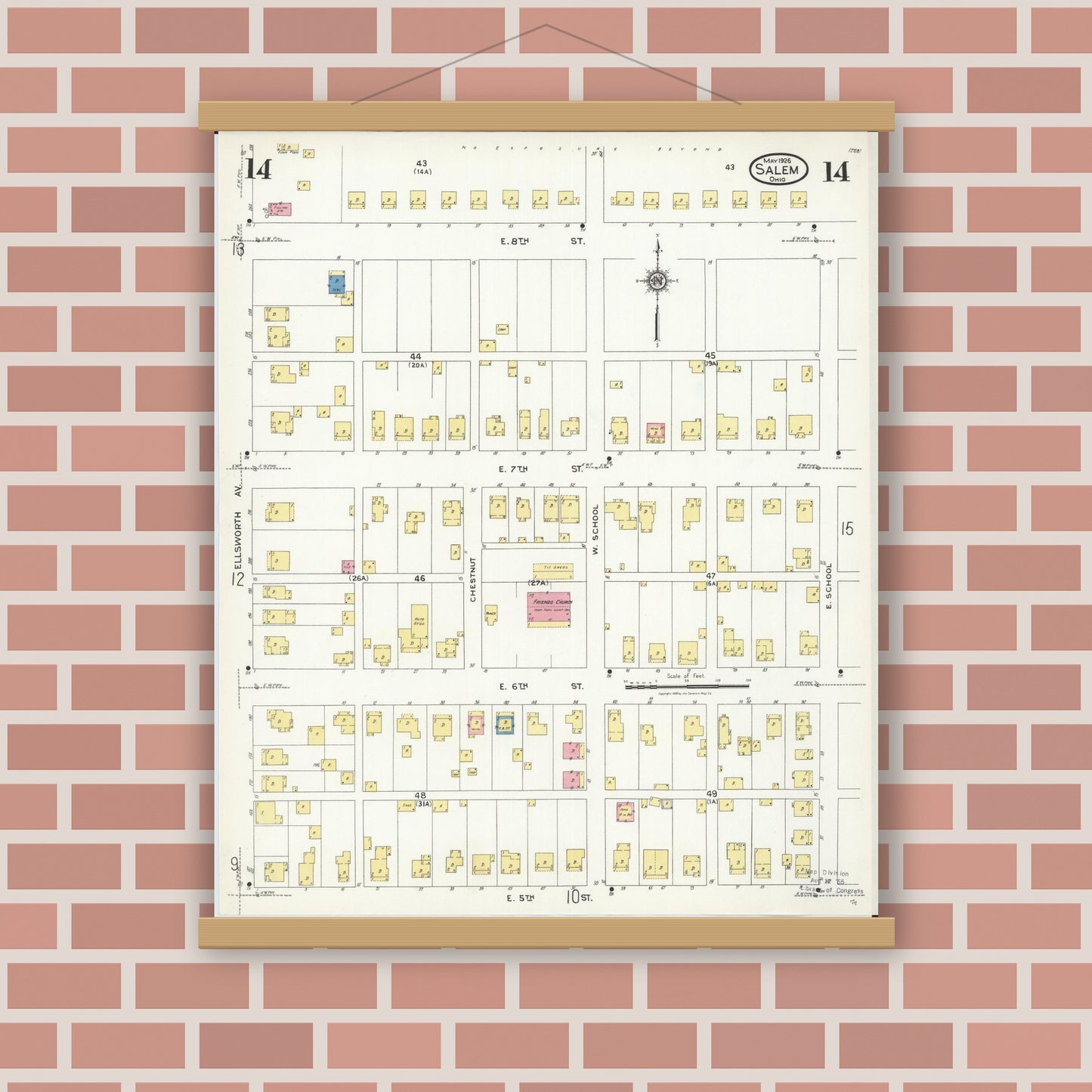 Old map wall art mockup — magnetic wood frame on brick wall — Sanborn Fire Insurance Map from Salem, Columbiana County, Ohio (1926), Sheet #0014