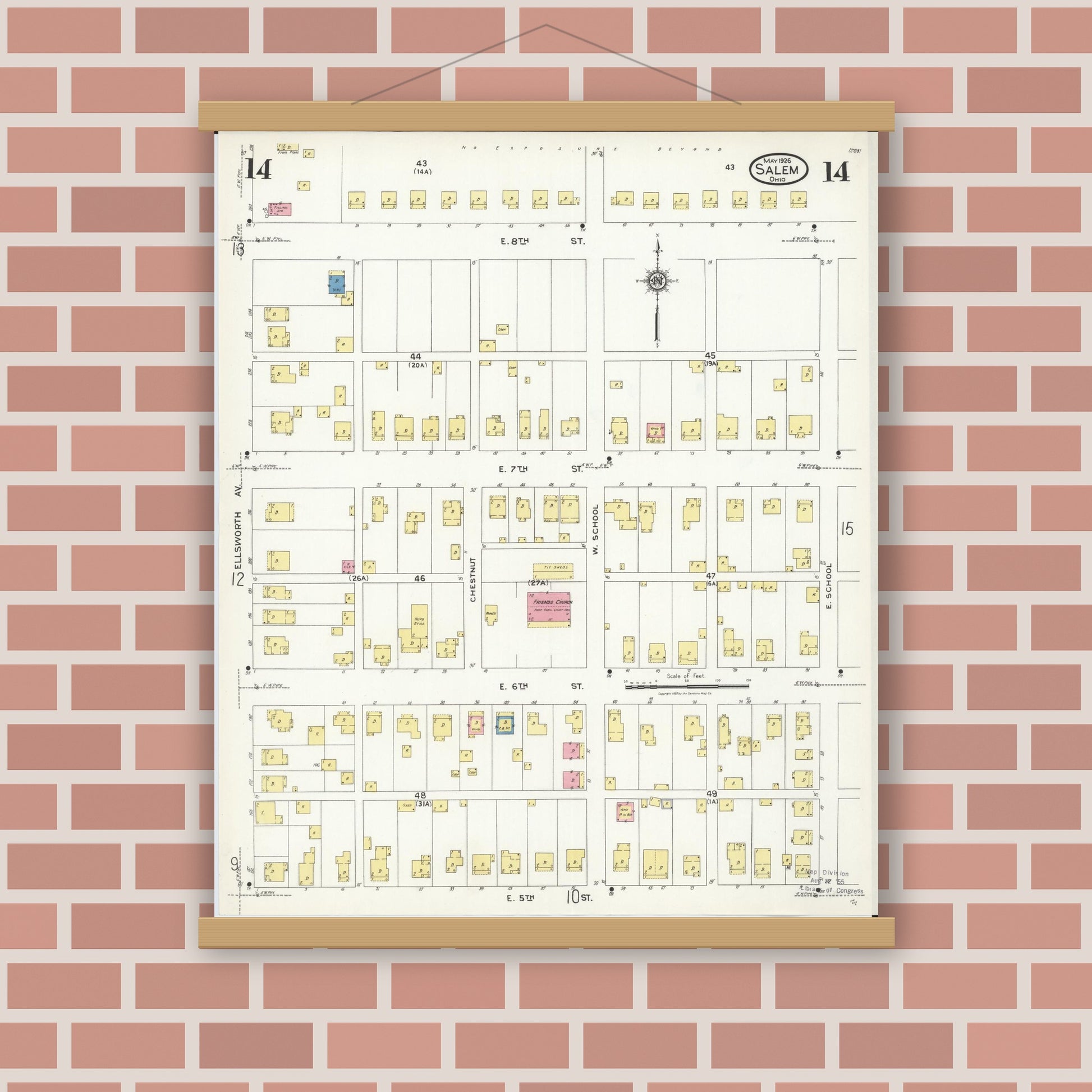 Old map wall art mockup — magnetic wood frame on brick wall — Sanborn Fire Insurance Map from Salem, Columbiana County, Ohio (1926), Sheet #0014