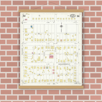 Old map wall art mockup — magnetic wood frame on brick wall — Sanborn Fire Insurance Map from Salem, Columbiana County, Ohio (1926), Sheet #0014