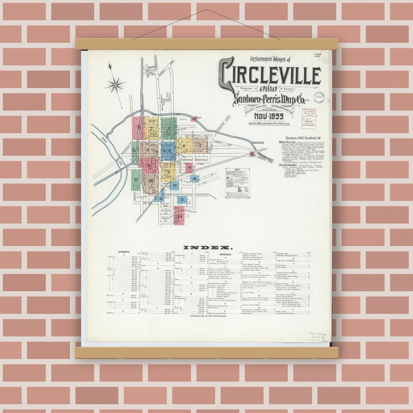Old map wall art mockup — magnetic wood frame on brick wall — Sanborn Fire Insurance Map from Circleville, Pickaway County, Ohio (1899) - Complete Map Set