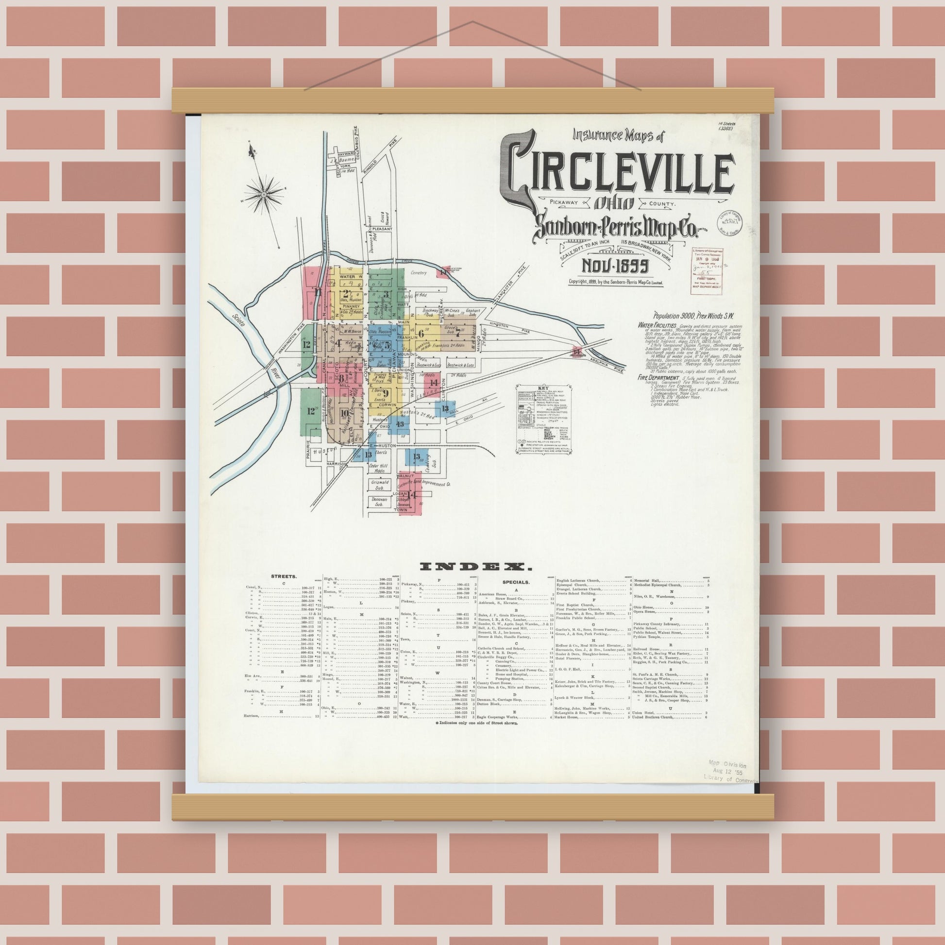 Old map wall art mockup — magnetic wood frame on brick wall — Sanborn Fire Insurance Map from Circleville, Pickaway County, Ohio (1899) - Complete Map Set