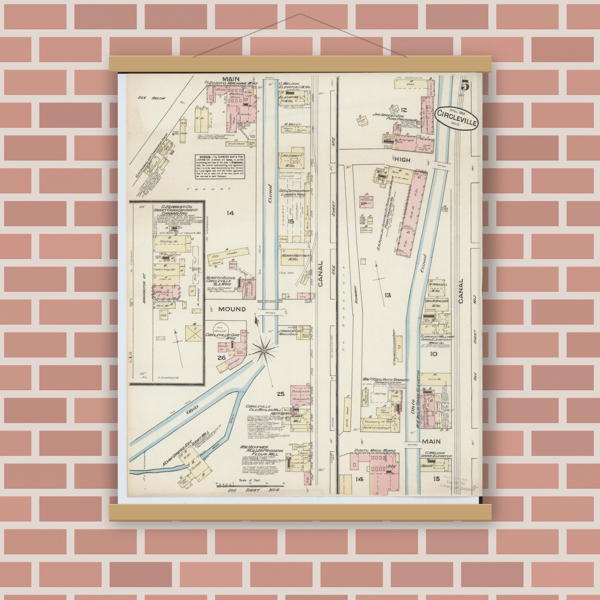 Old map wall art mockup — magnetic wood frame on brick wall — Sanborn Fire Insurance Map from Circleville, Pickaway County, Ohio (1884), Sheet #0005