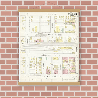 Old map wall art mockup — magnetic wood frame on brick wall — Sanborn Fire Insurance Map from Boone, Boone County, Iowa (1888), Sheet #0002