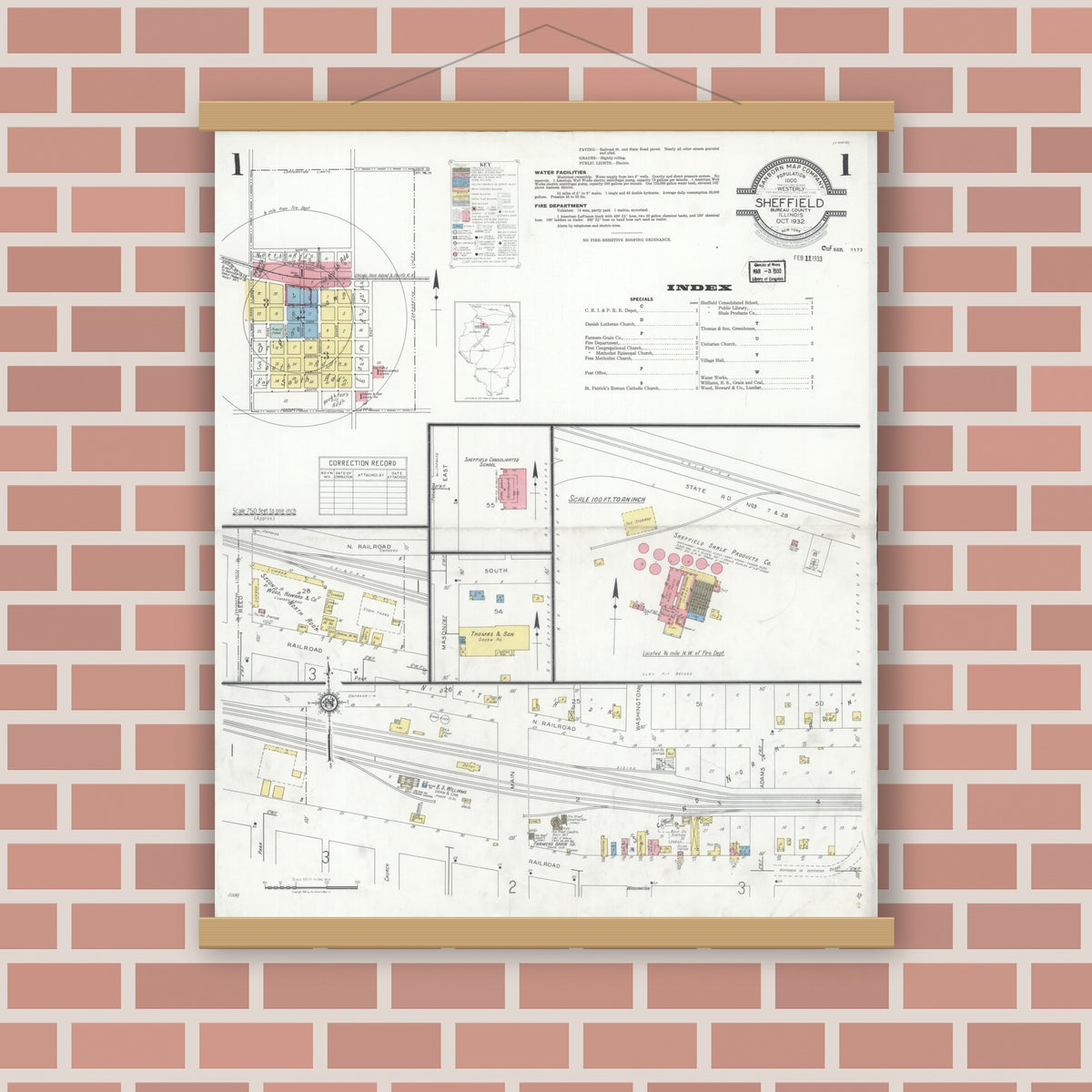 Old map wall art mockup — magnetic wood frame on brick wall — Sanborn Fire Insurance Map from Sheffield, Bureau County, Illinois (1932), Sheet #0001