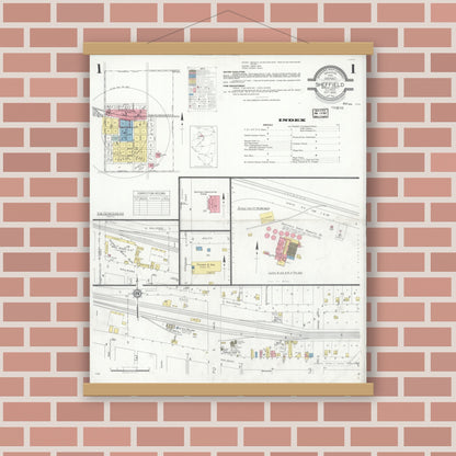 Old map wall art mockup — magnetic wood frame on brick wall — Sanborn Fire Insurance Map from Sheffield, Bureau County, Illinois (1932), Sheet #0001