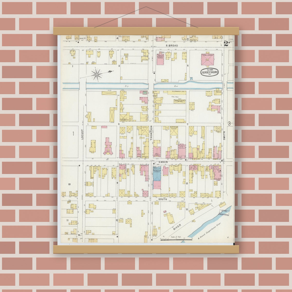 Old map wall art mockup — magnetic wood frame on brick wall — Sanborn Fire Insurance Map from Jersey Shore, Lycoming County, Pennsylvania (1896), Sheet #0002