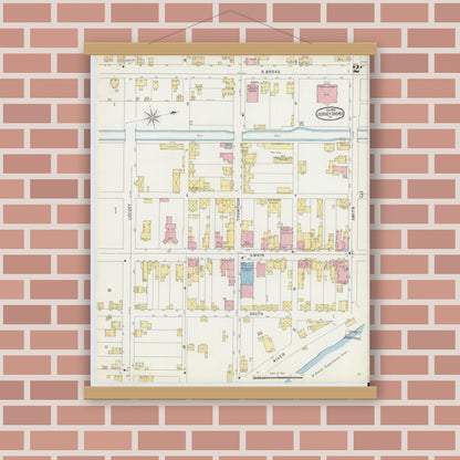 Old map wall art mockup — magnetic wood frame on brick wall — Sanborn Fire Insurance Map from Jersey Shore, Lycoming County, Pennsylvania (1896), Sheet #0002