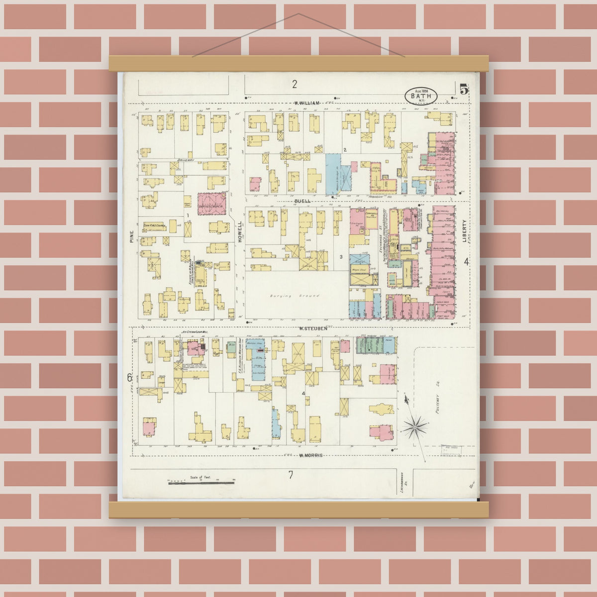 Old map wall art mockup — magnetic wood frame on brick wall — Sanborn Fire Insurance Map from Bath, Steuben County, New York (1898), Sheet #0005