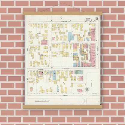 Old map wall art mockup — magnetic wood frame on brick wall — Sanborn Fire Insurance Map from Bath, Steuben County, New York (1898), Sheet #0005