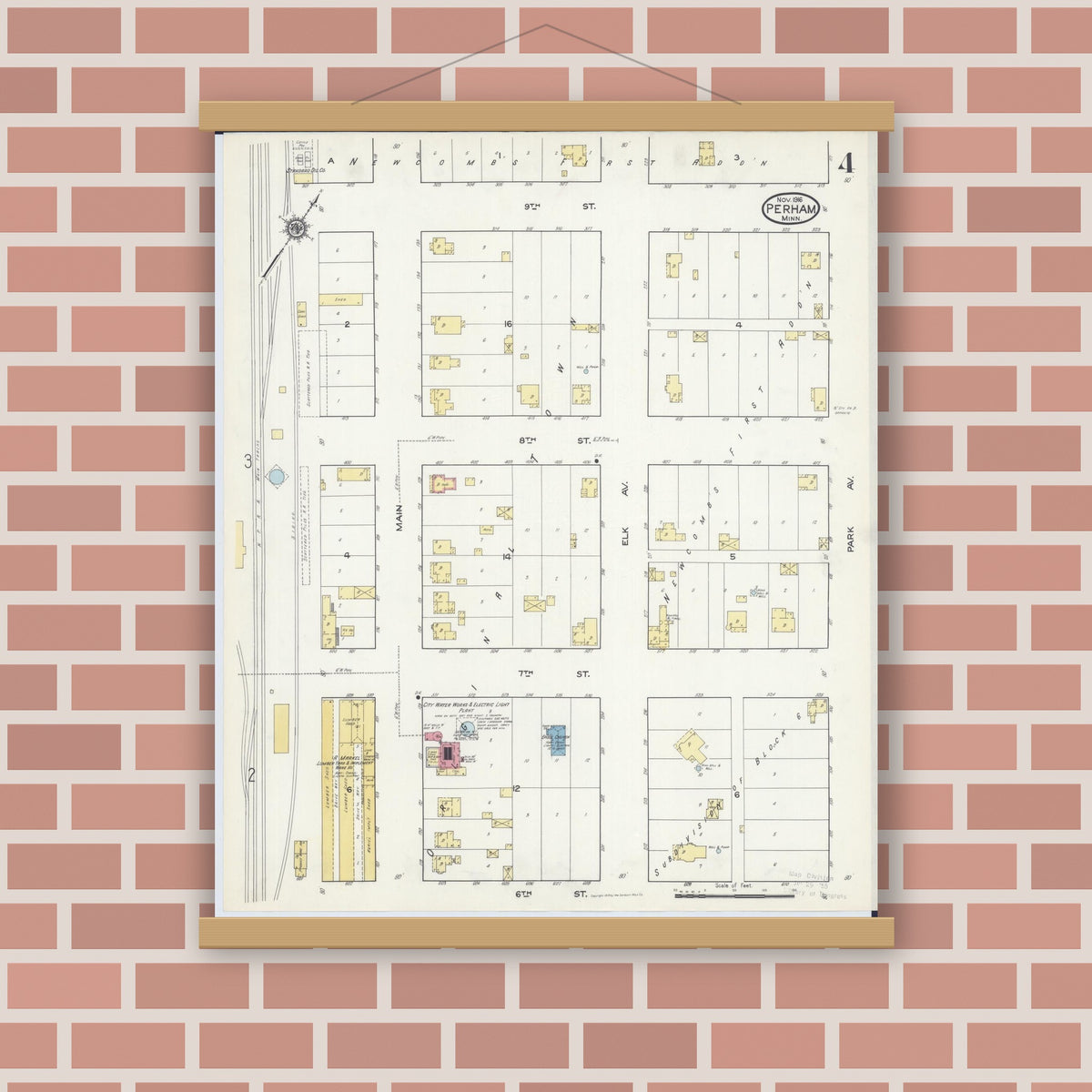 Old map wall art mockup — magnetic wood frame on brick wall — Sanborn Fire Insurance Map from Perham, Otter Tail County, Minnesota (1916), Sheet #0004