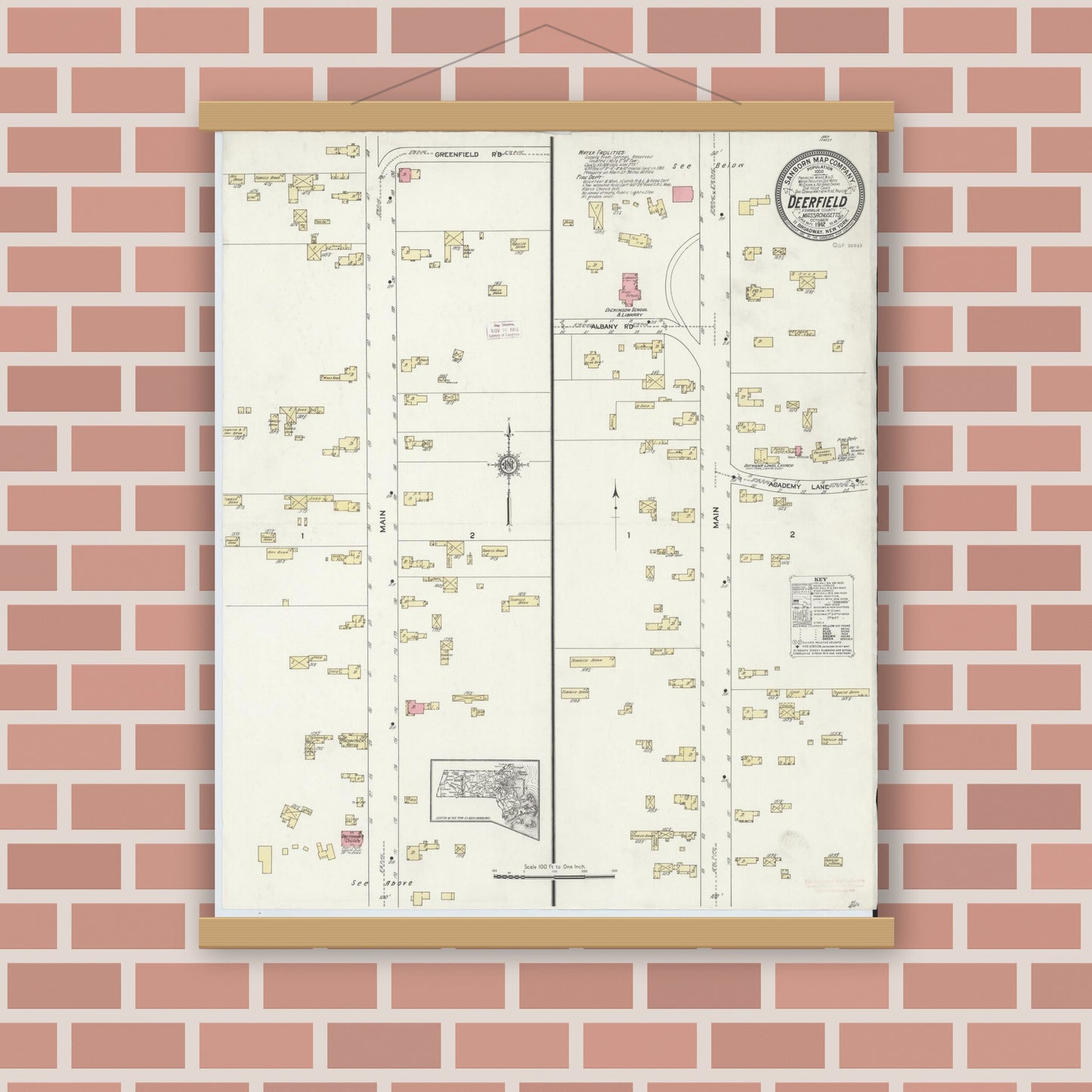Old map wall art mockup — magnetic wood frame on brick wall — Sanborn Fire Insurance Map from Deerfield, Franklin County, Massachusetts (1912), Sheet #0001